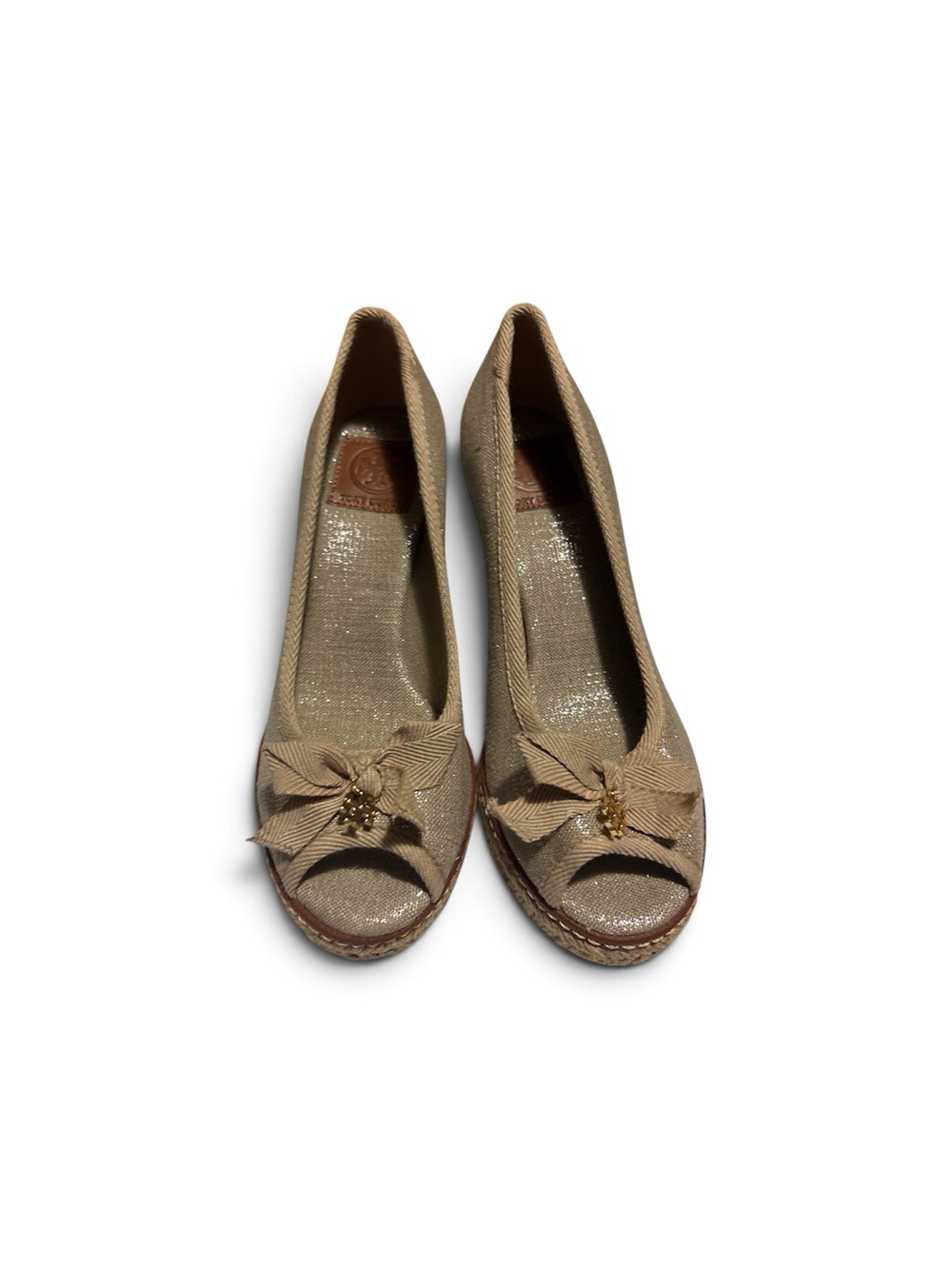 Tory Burch Jackie Open Toe Brown Tan Canvas Wedge Heel Espadrille Bow Shoes 6